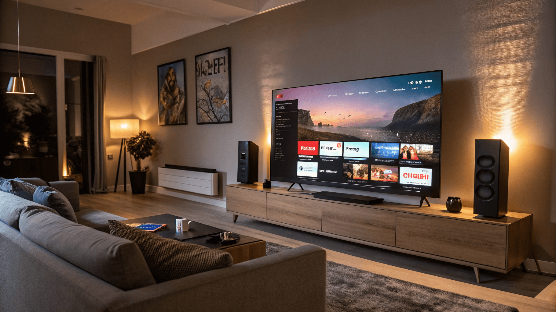 Modern living room setup with a smart TV displaying vibrant 4K content