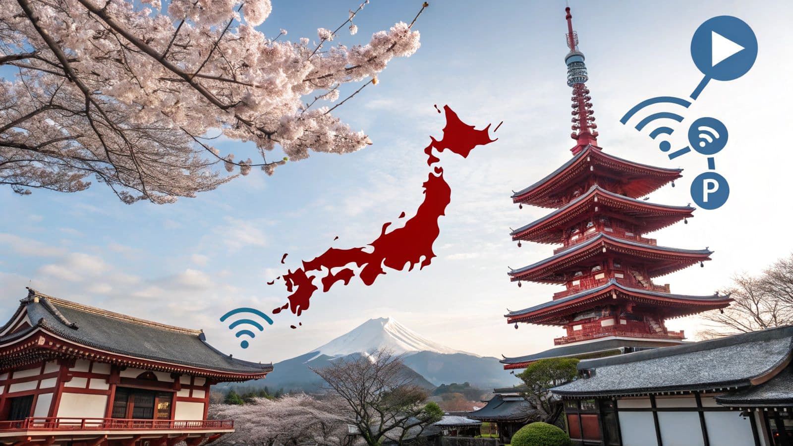 Stylized map of Japan with IPTV streaming icons representing japan iptv stream m3u.