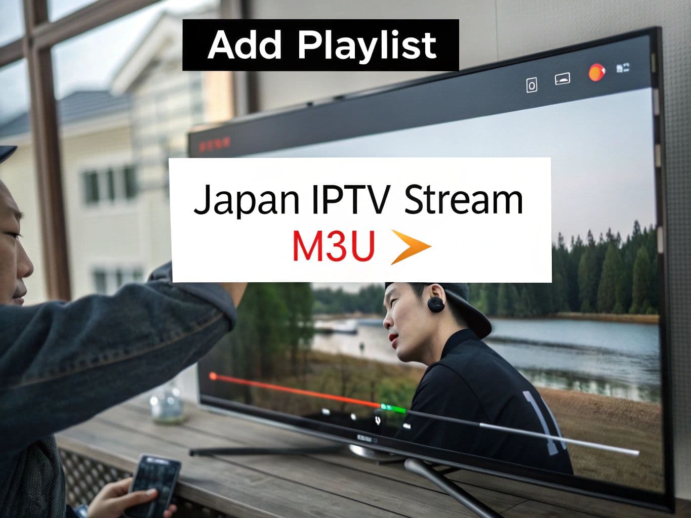Annotated screenshot of IPTV client setup with japan iptv stream m3u URL entry.