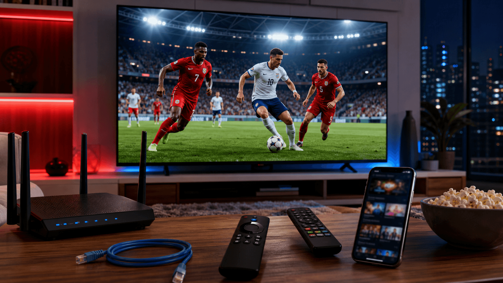 A USA soccer match-night IPTV setup with smart TV, router, and streaming device